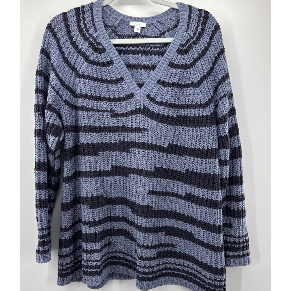 J Jill XL Striped V Neck Sweater Chunky Cable Knit Blue‎ Cotton Oversized